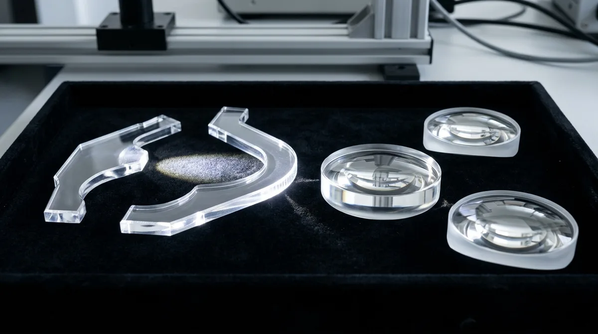 Finished optical PMMA automotive light pipes and thick-walled aspheric condenser lenses demonstrating total internal reflection on black velvet tray