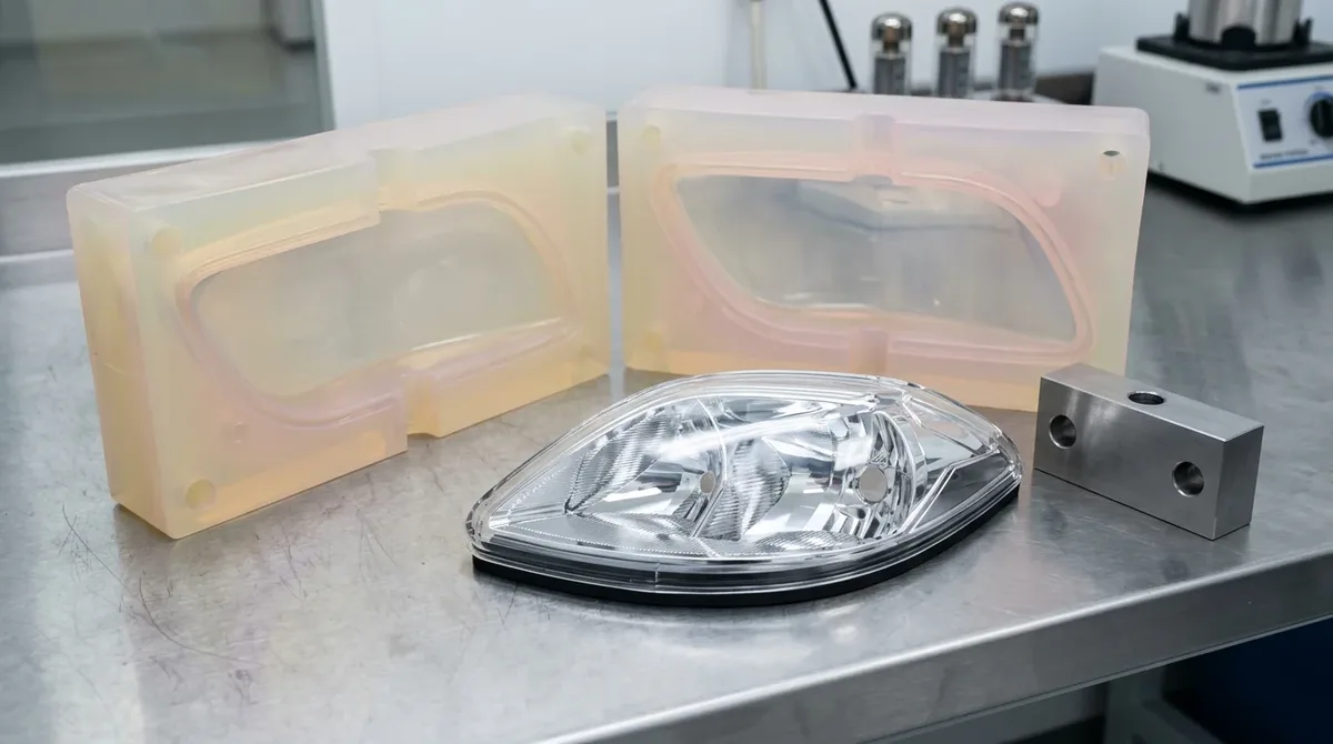 Optical vacuum casting two-part silicone mold alongside demolded crystal-clear polyurethane automotive lighting lens