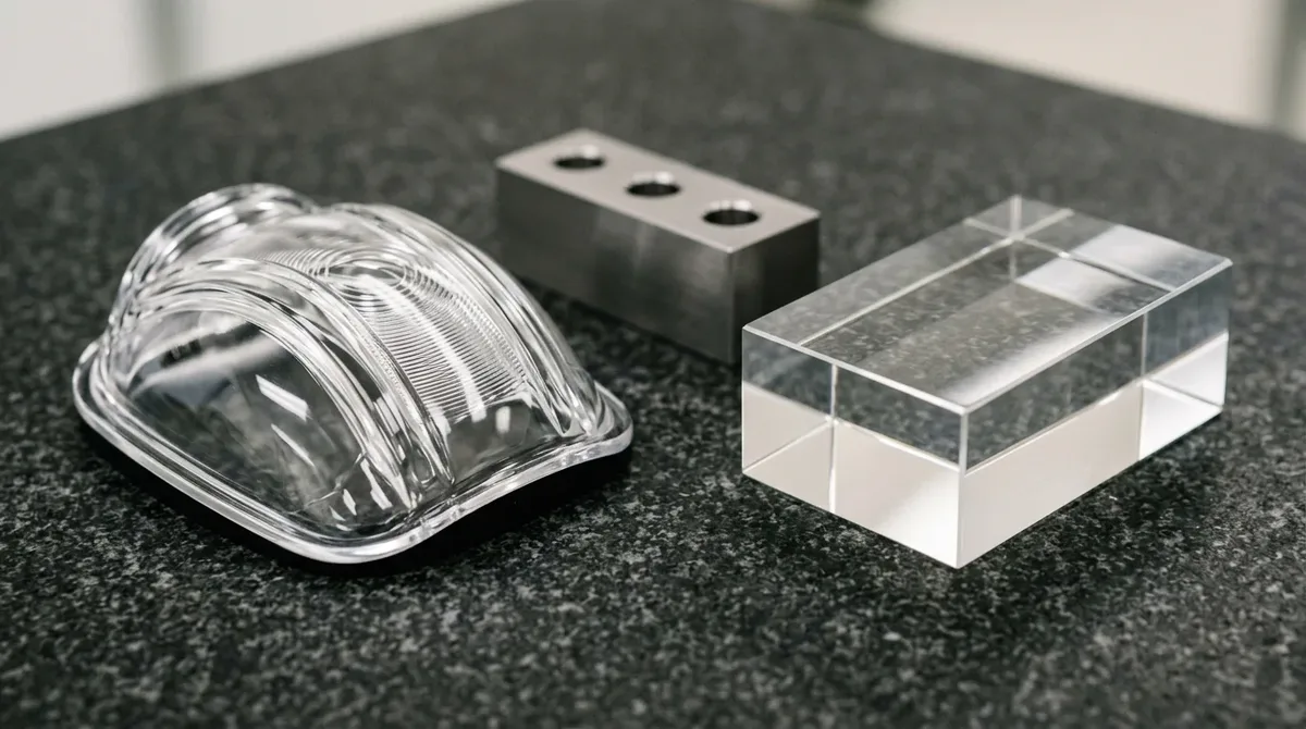Side-by-side comparison of vapor-polished polycarbonate automotive lens and SPI A-1 diamond hand-polished PMMA prism
