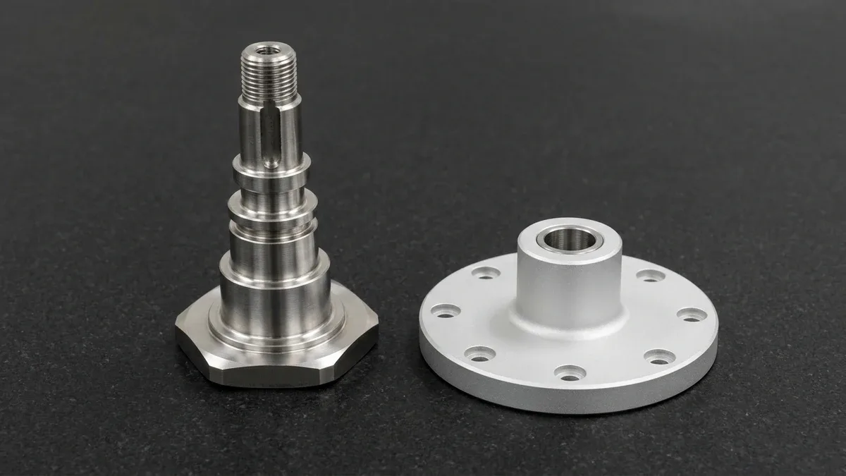 Turn-milled 17-4PH stainless stepped shaft standing on hex flange and 6061-T6 aluminum flanged bearing housing on granite