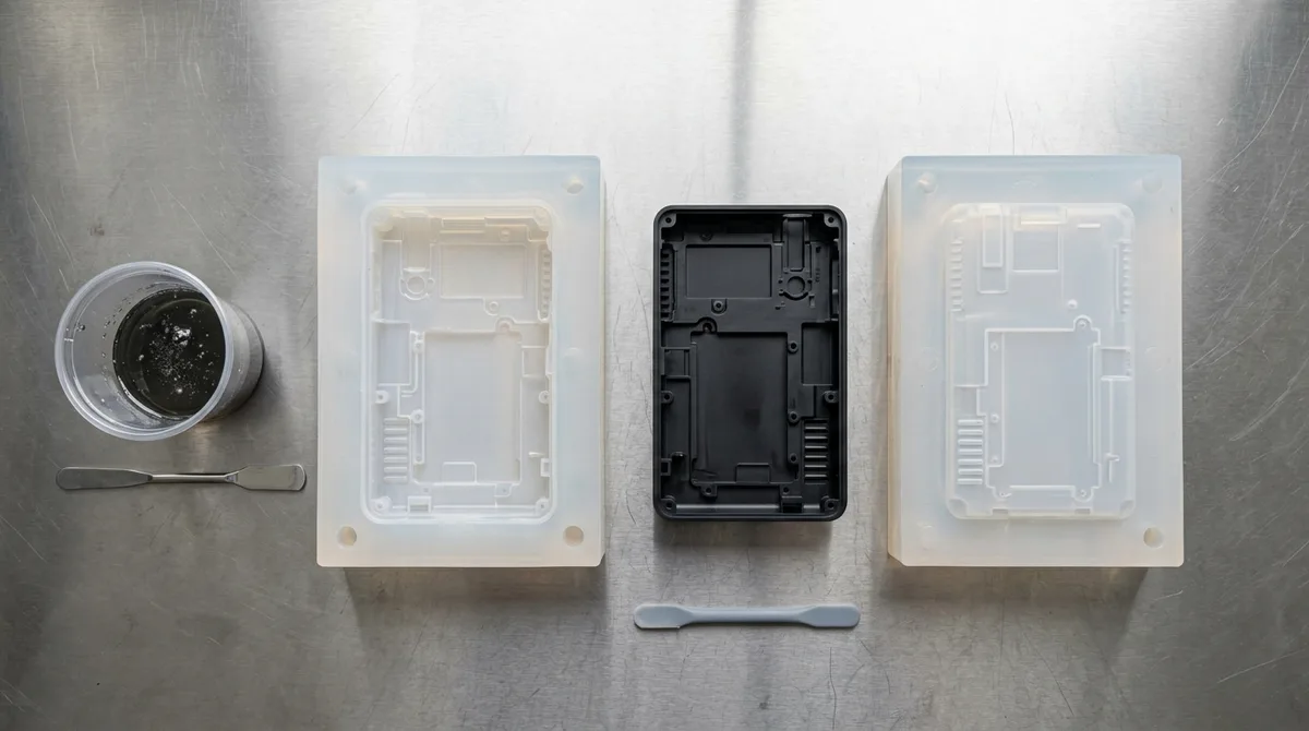 Direct overhead flat-lay view of two-part silicone rubber vacuum casting mold and freshly demolded polyurethane enclosure lying flat on workbench