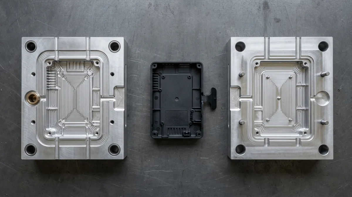 Direct overhead flat-lay view of Master Unit Die rapid 7075 aluminum mold core and cavity inserts lying flat on toolroom table with molded part