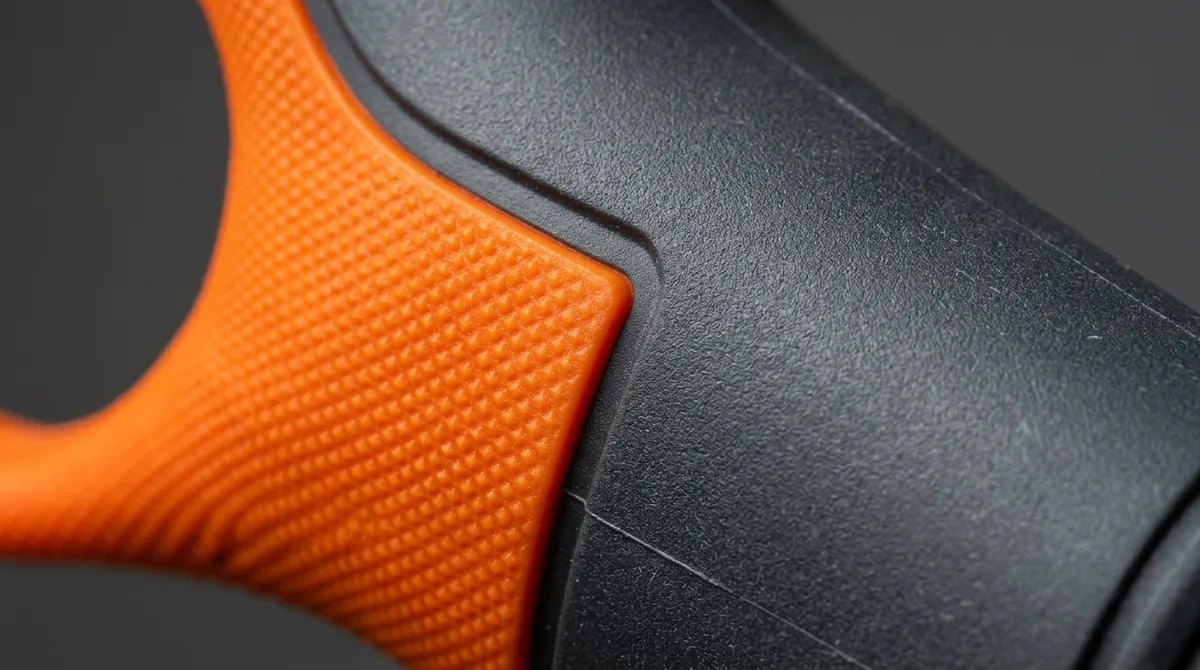 Macro close-up of an engineered 0.8 mm recessed step transition eliminating feathering and flash at the overmolded elastomer boundary