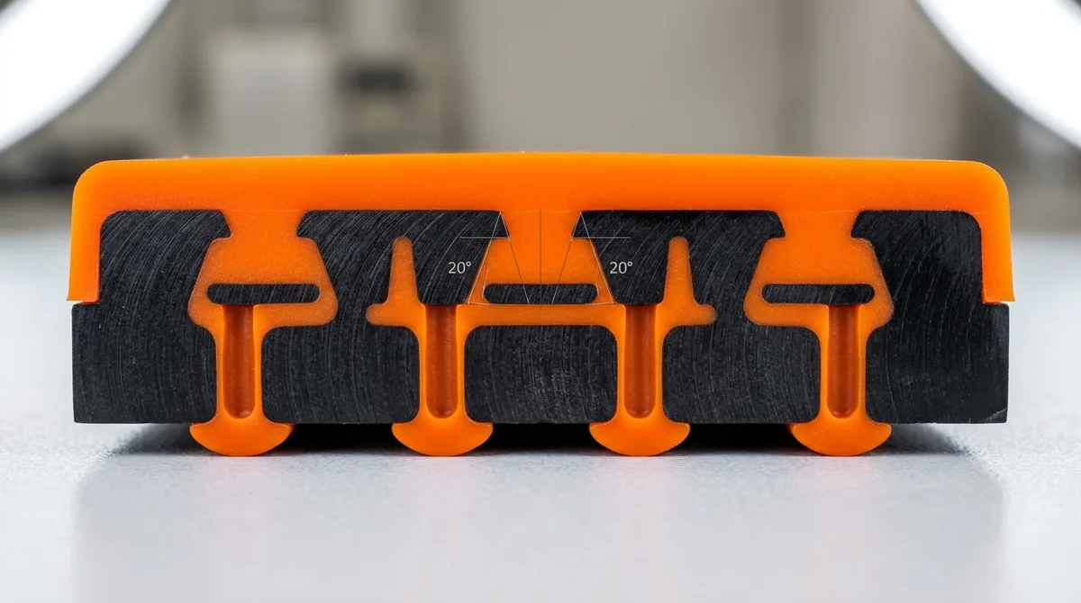 Optical cross-section cutaway showing engineered 20-degree dovetail undercuts and through-hole rivet anchors locking TPU elastomer to polycarbonate substrate