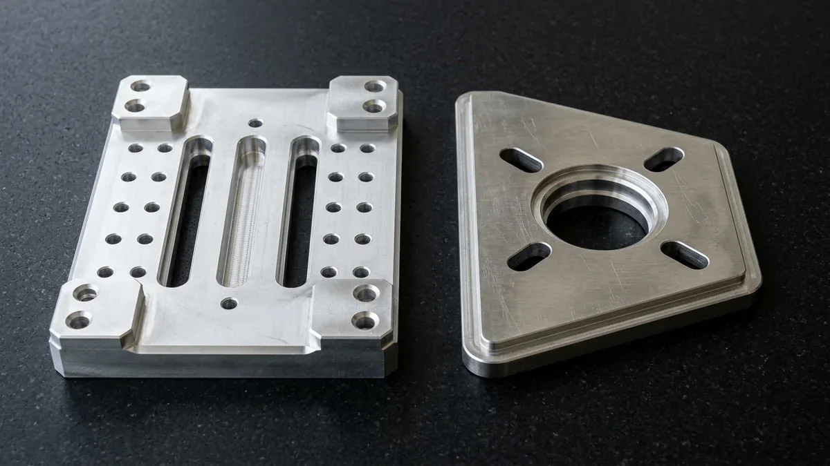 Peripheral climb milled 6061-T6 aluminum fixture baseplate and 304 stainless steel gusset plate with precision slots