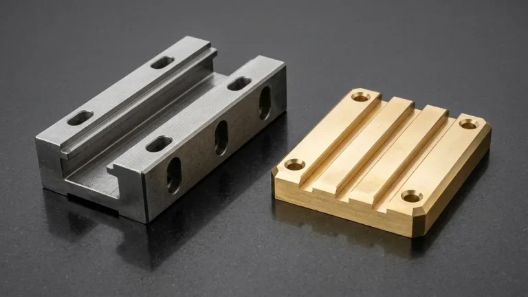 Plain milled 4140 alloy steel linear guide block and C3604 brass slotted locator block with parallel channels