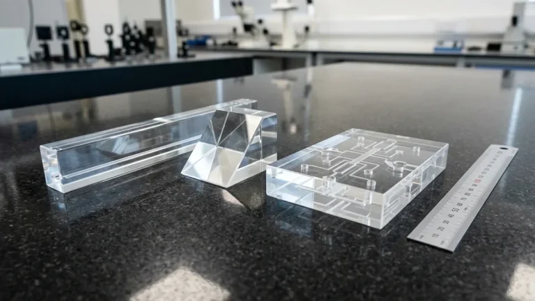 Optical Clear PMMA Acrylic Prototypes Including Light Guide, Optical Prism, and Microfluidic Chip Lying Flat on Granite Metrology Plate