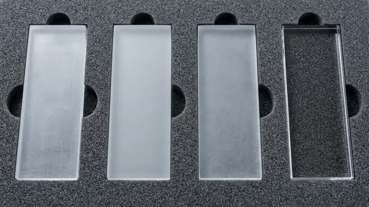Four Sequential Stages of PMMA Acrylic Surface Finishing from As-Machined Frosted to SPI A-1 Diamond Buffed Optical Mirror Finish Flat in Tray