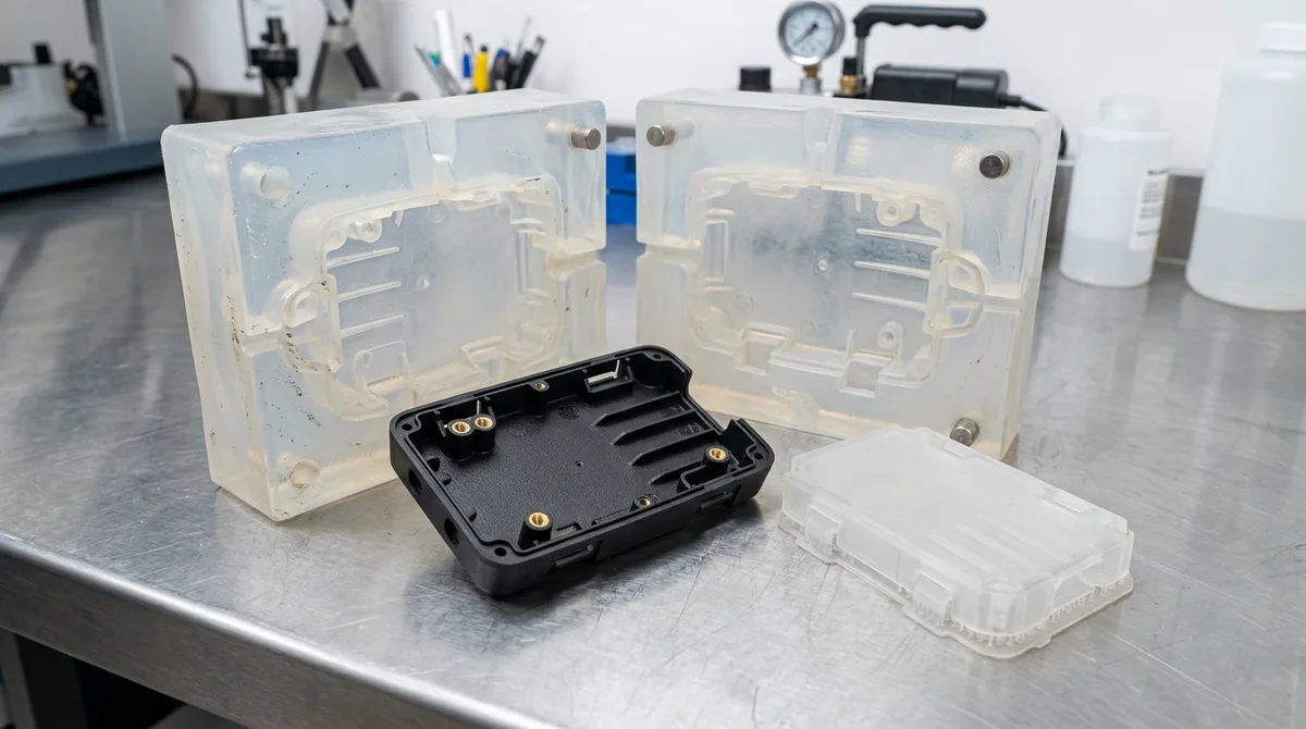 Two-part silicone rubber mold split open showing freshly demolded black polyurethane prototype enclosure with brass threaded inserts alongside master pattern