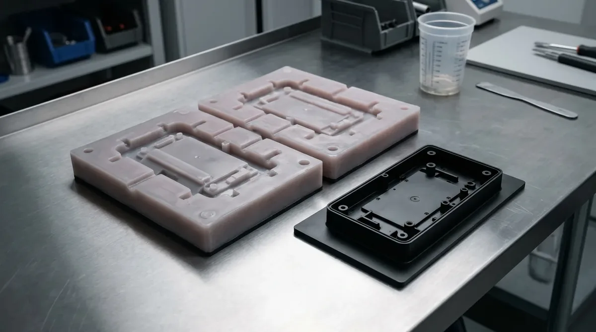 Two-Part Platinum-Cure Silicone Mold Opened Flat with Demolded Black Polyurethane Prototype Electronic Enclosure on Stainless Steel Table