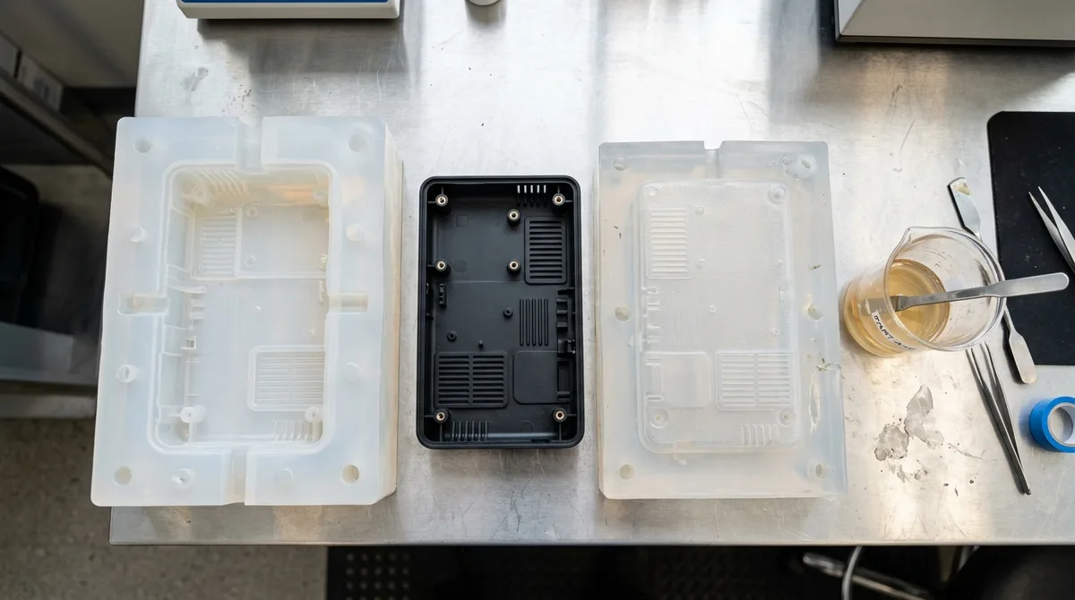 Two-part translucent platinum silicone mold halves and freshly demolded black polyurethane instrument enclosure flat on workbench