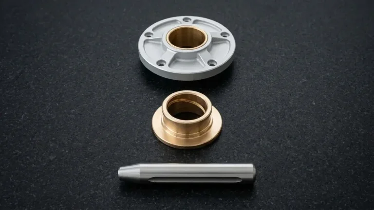 Anodized 7075-T651 ribbed rotary bearing hub with press-fitted bronze bushing, flanged bronze sleeve, and ground 440C dowel pin