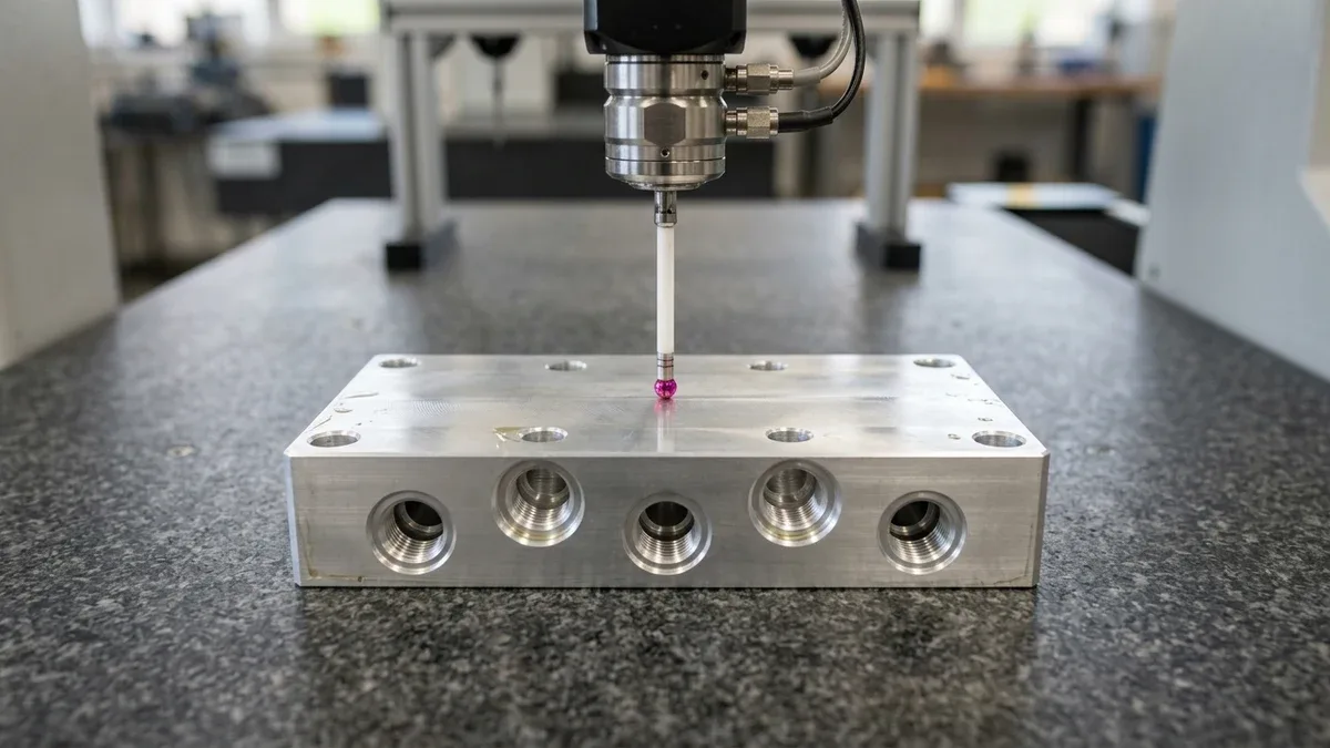 Clear-anodized 6061-T6 aluminum pneumatic manifold block resting flat on a granite surface plate under a bridge CMM ruby probe verifying Datum A flatness and port position