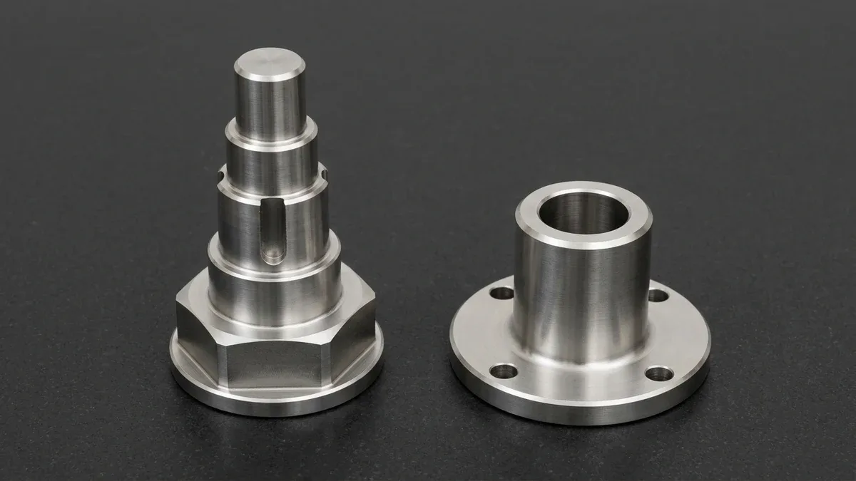 CNC Turn-Milled 17-4PH Stepped Shaft and Flanged Bearing Sleeve CNC turn-milled 17-4PH stainless steel stepped shaft with hexagonal base collar alongside a flanged bearing sleeve