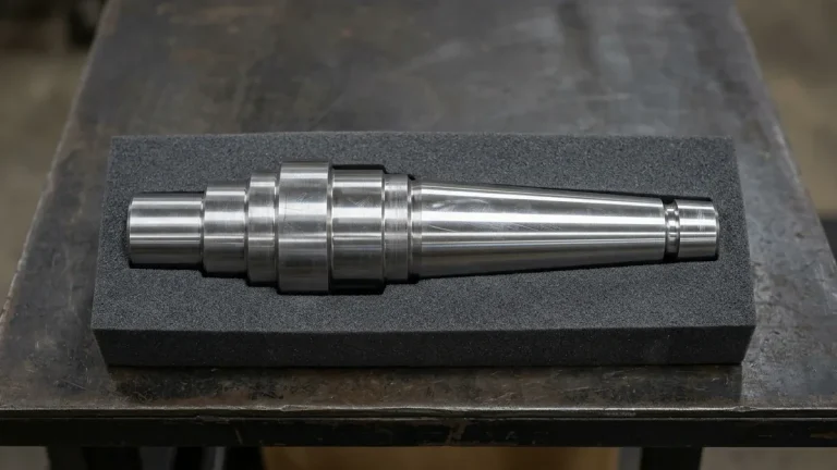 CNC-turned 4140 alloy steel transmission shaft showing perpendicular step-turned shoulders and a precision ground conical taper resting on matched steel V-blocks