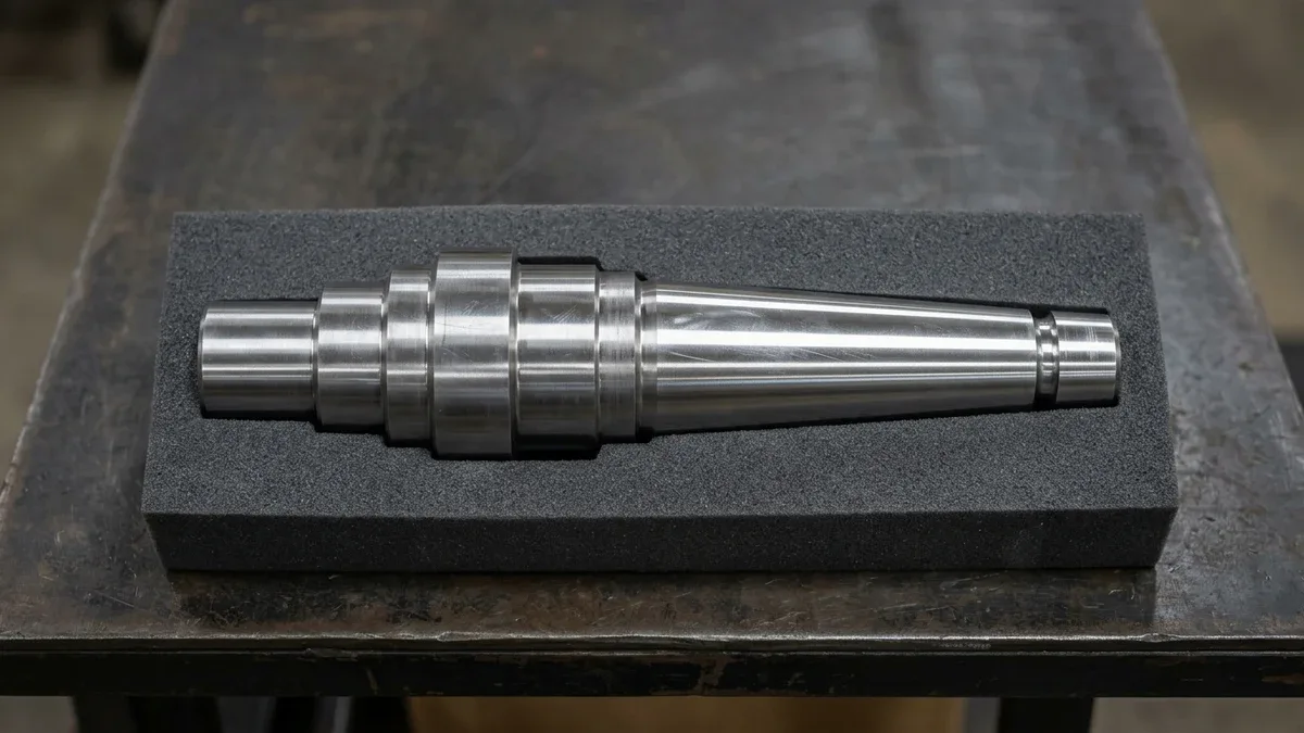 CNC-turned 4140 alloy steel transmission shaft showing perpendicular step-turned shoulders and a precision ground conical taper resting on matched steel V-blocks