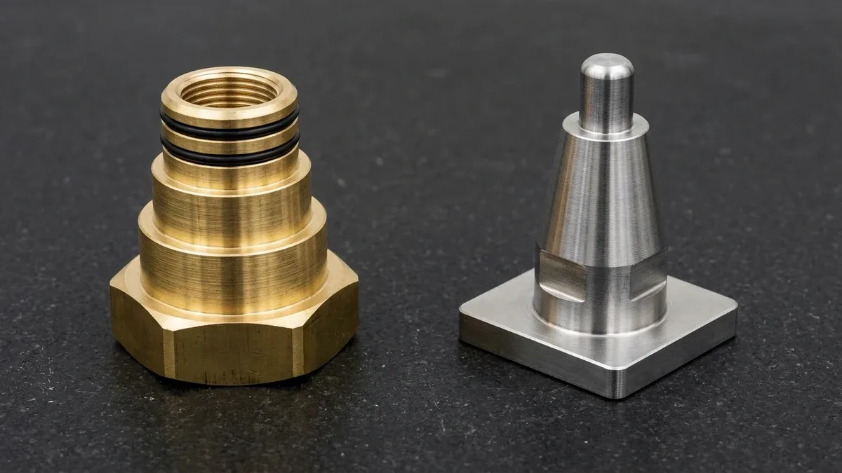 Step-Turned C3604 Brass Fitting vs Taper-Turned 17-4PH Conical Spindle Step-turned C3604 brass hydraulic fitting with hex base and taper-turned 17-4PH stainless steel conical valve spindle