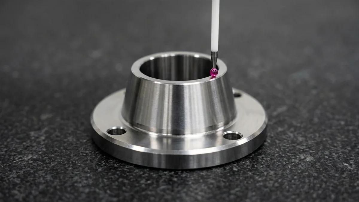 Post 6705 Img2 Conical Taper Sleeve Inspection CNC-turned 17-4PH stainless steel conical taper adapter sleeve undergoing bridge CMM ruby probe angular verification