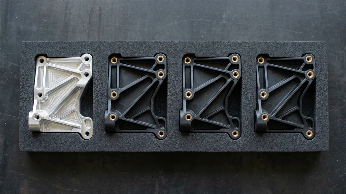 Post 6710 Img2 Bridge Production Cnc Vs Molded Brackets CNC-machined 6061-T6 aluminum prototype bracket compared against three black glass-filled nylon bridge-molded brackets
