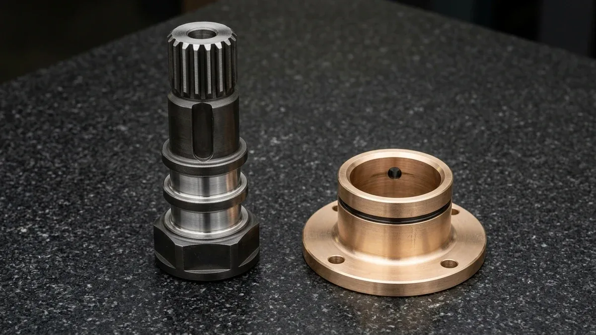 CNC turn-milled 4140 alloy steel stepped splined drive shaft with hex base and C93200 bronze flanged bushing