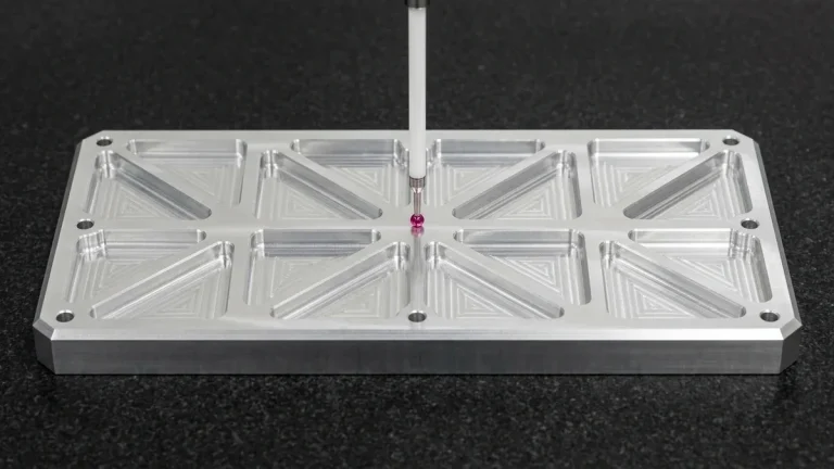 Monolithic CNC-milled 6061-T651 pre-stretched aluminum structural mounting plate with triangular pockets resting flat on granite under a CMM ruby probe