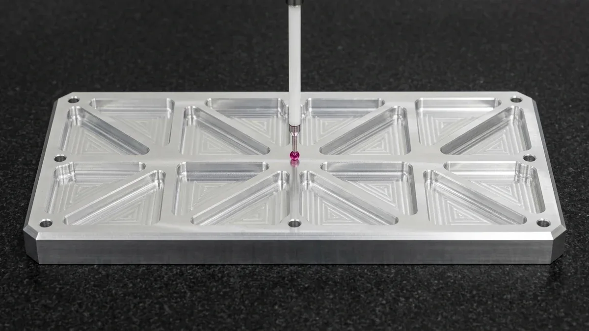 Monolithic CNC-milled 6061-T651 pre-stretched aluminum structural mounting plate with triangular pockets resting flat on granite under a CMM ruby probe