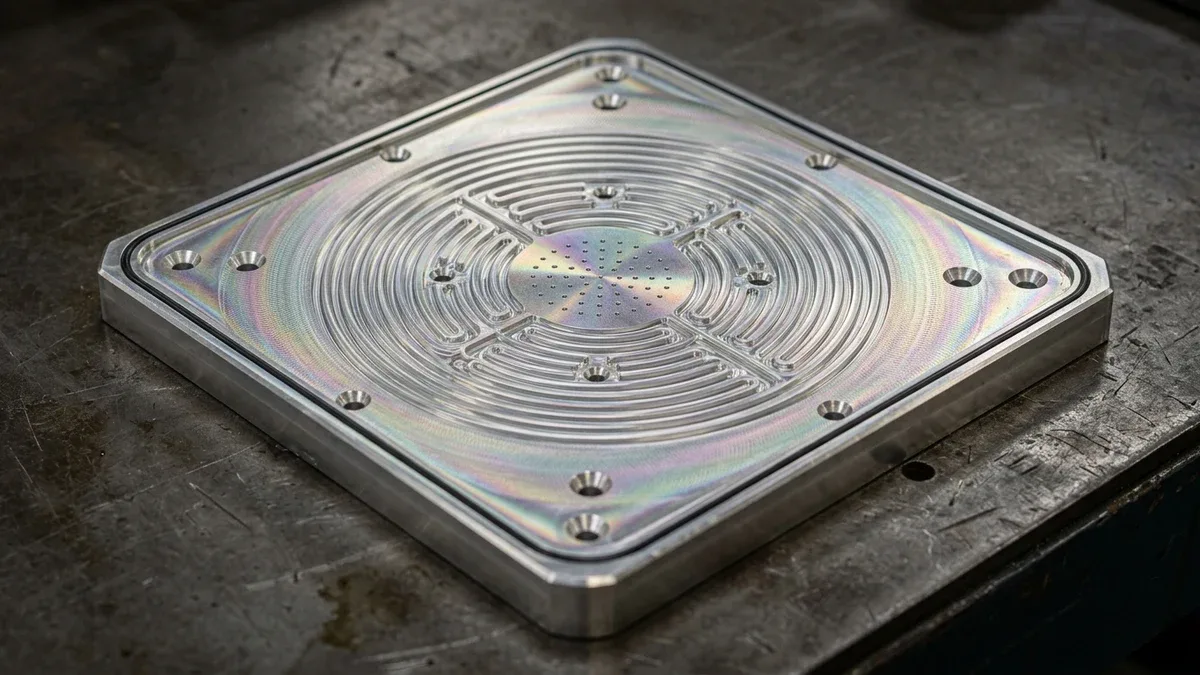 Stress-relieved 6061-T651 aluminum vacuum chuck manifold plate with concentric air channels resting flat on a workbench