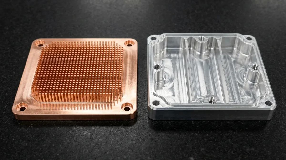 CNC-machined C11000 copper micro-milled pin-fin heatsink plate beside a clear-anodized 6061 aluminum RF shielding enclosure housing