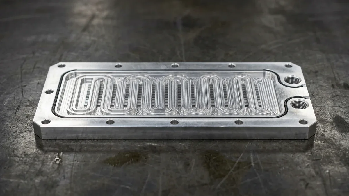 Precision CNC-milled 6063-T6 aluminum power electronics liquid-cooling cold plate manifold with serpentine micro-fin channels