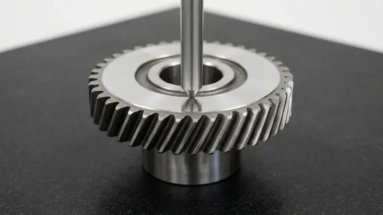 Rockwell 120-degree conical diamond indenter testing surface hardness on a case-hardened 4140 alloy steel helical gear