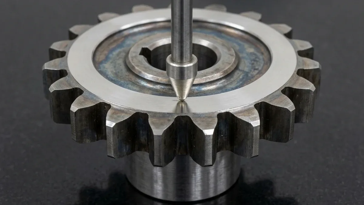 Post 6732 Img1 Rockwell Hardness Testing Gear Blank Case-hardened 4140 alloy steel spur gear undergoing Rockwell C conical diamond indenter surface hardness testing