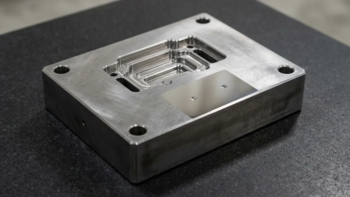 Post 6732 Img2 Vickers Microhardness Die Block Hardened tool steel precision die block beneath a metallurgical microscope objective turret during Vickers microhardness testing