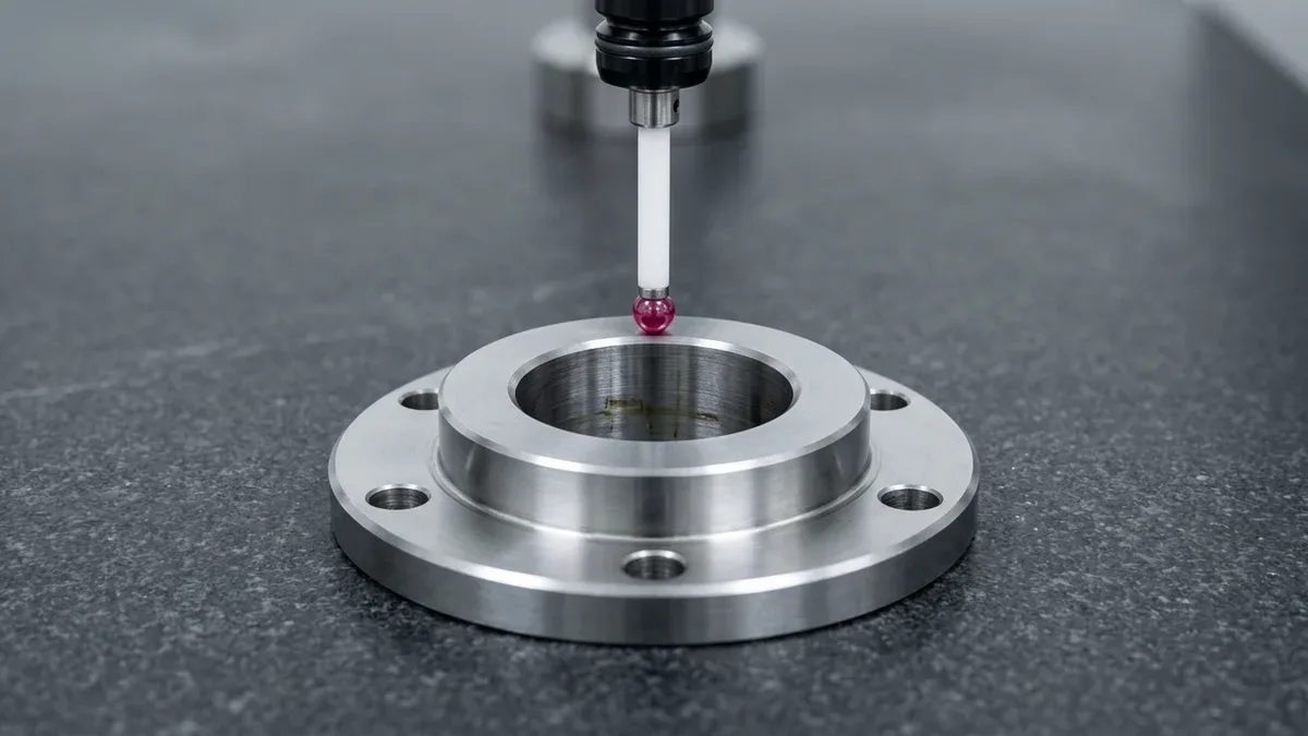 Vertical CMM ruby ball probe verifying datum ring flatness on a CNC-machined 4140 steel flanged transmission bushing