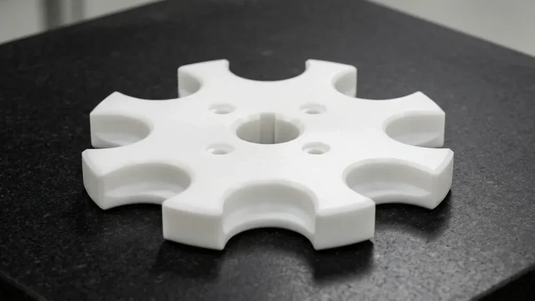 Precision CNC-machined natural white HDPE conveyor star-wheel guide plate with deburred chamfered pockets on black granite