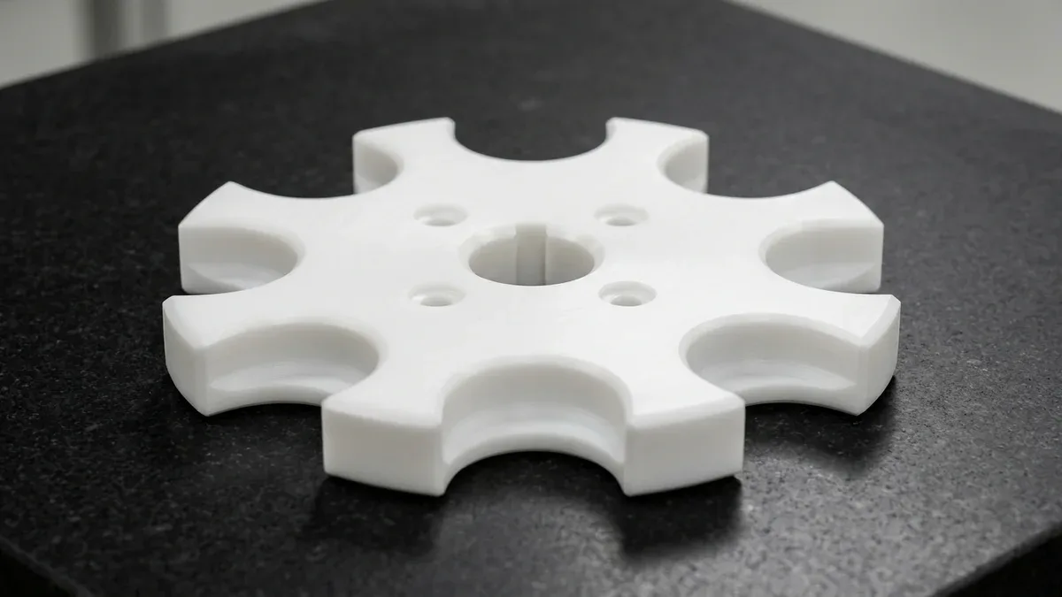 Precision CNC-machined natural white HDPE conveyor star-wheel guide plate with deburred chamfered pockets on black granite