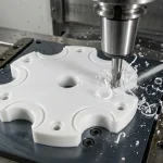 Three-axis CNC vertical machining center milling a natural white HDPE conveyor star-wheel guide plate with a polished single-flute carbide cutter