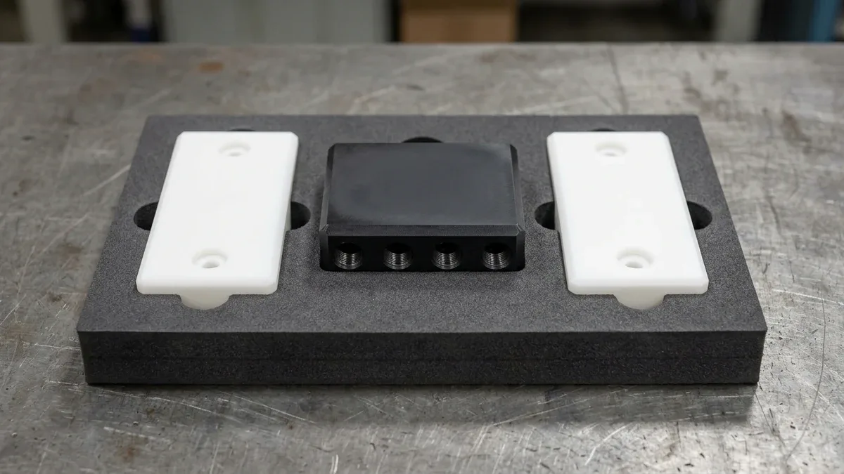 CNC-machined black UV-stabilized HDPE fluid manifold block and natural white HDPE low-friction wear pads