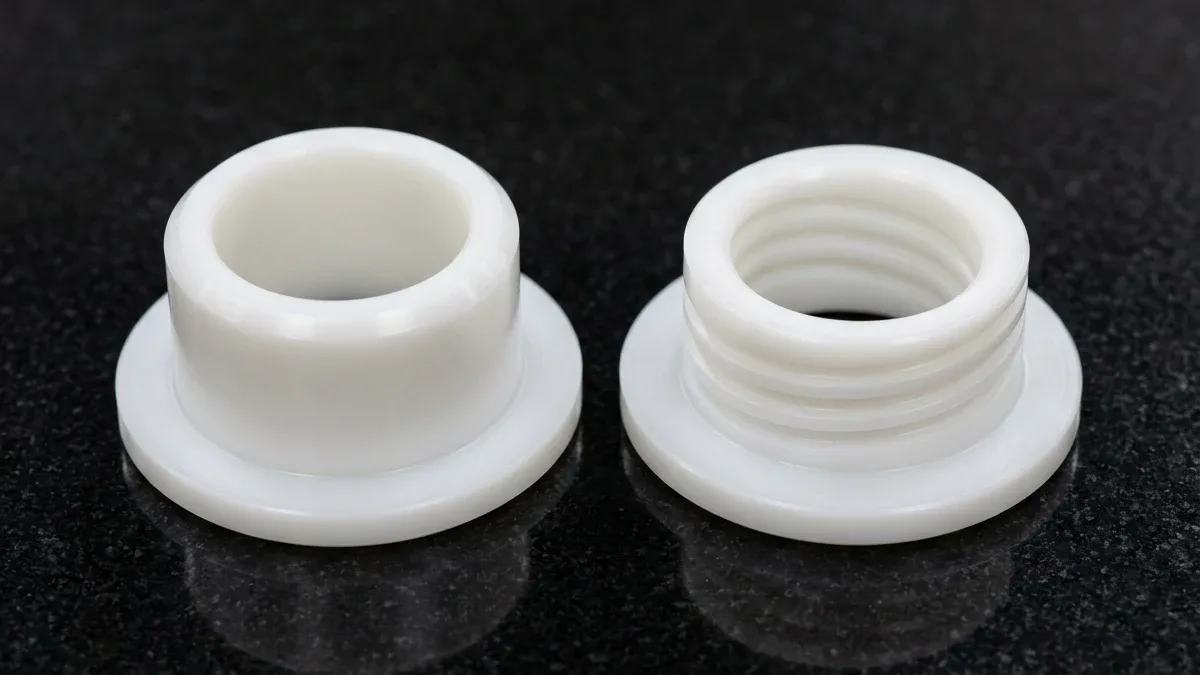 Two CNC-turned natural white HDPE plastic flanged wear bushings showing internal helical lubrication grooves
