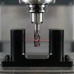 Four-flute solid carbide end mill in a thermal shrink-fit holder breaking a non-contact laser tool setter beam