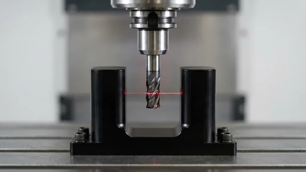 Four-flute solid carbide end mill in a thermal shrink-fit holder breaking a non-contact laser tool setter beam