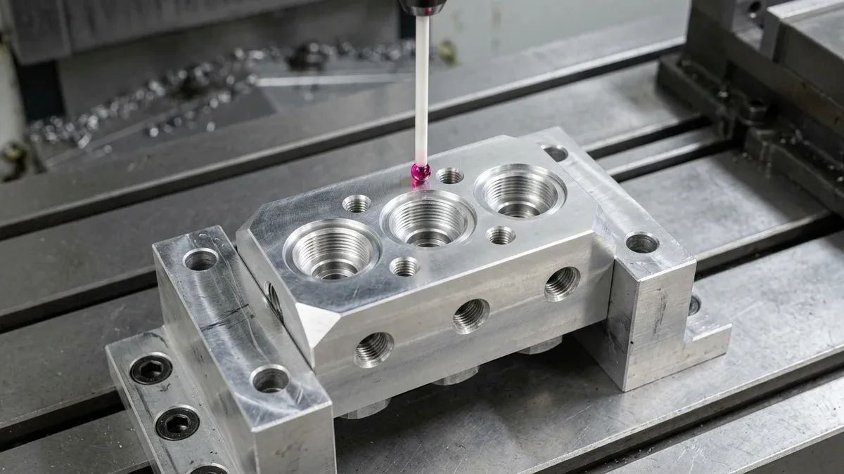 Spindle-mounted ruby touch probe calibrating work coordinate Z-datum offset on a 7075-T6 aluminum hydraulic manifold