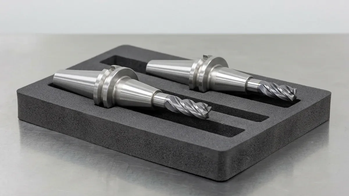 Two precision-balanced thermal shrink-fit steel toolholder assemblies gripping four-flute solid carbide helical end mills in an EVA tray