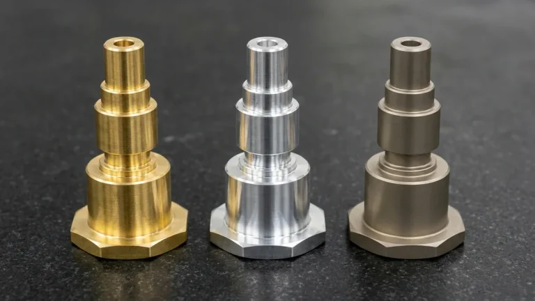 Three CNC-turned stepped actuator shafts with hexagonal base flanges in C3604 brass, 6061-T6 aluminum, and Ti-6Al-4V titanium