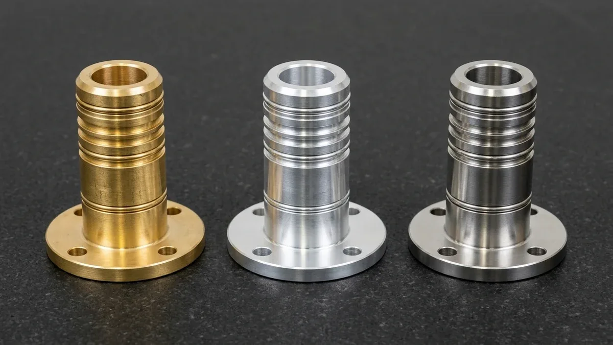 Three CNC-turned flanged hydraulic valve sleeves in C3604 brass, 6061-T6 aluminum, and 316L stainless steel on granite