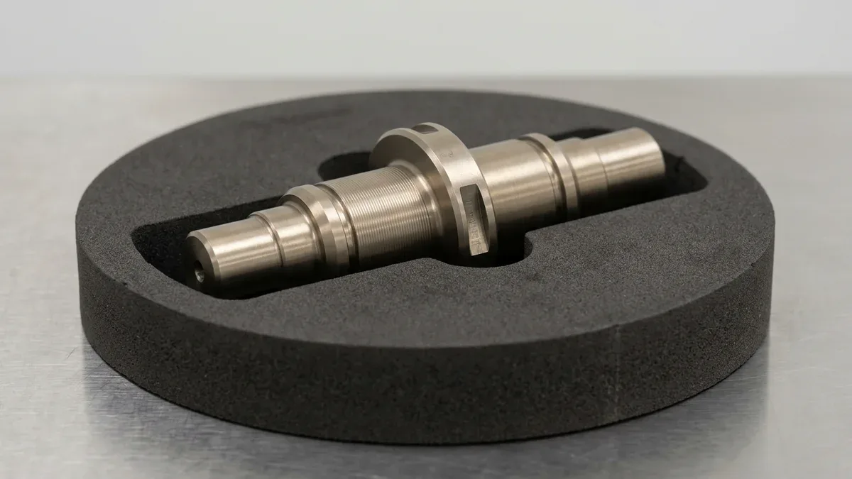 Precision CNC-turned Ti-6Al-4V Grade 5 titanium stepped actuator shaft with milled wrench flats in an EVA tray