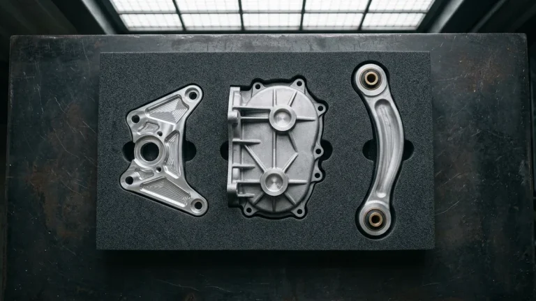 Side-by-side comparison on a granite surface plate of a CNC-milled 6061-T6 billet bracket, an A380 die-cast housing bracket, and a 7075-T6 forged suspension link