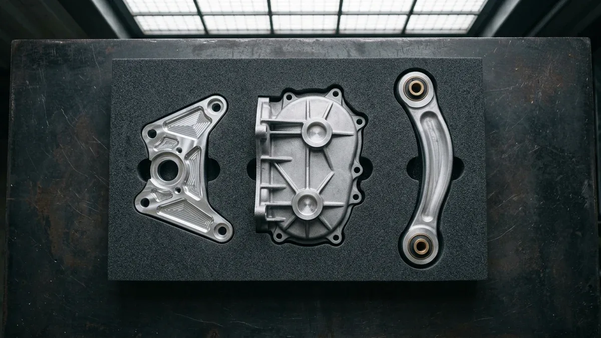 Side-by-side comparison on a granite surface plate of a CNC-milled 6061-T6 billet bracket, an A380 die-cast housing bracket, and a 7075-T6 forged suspension link