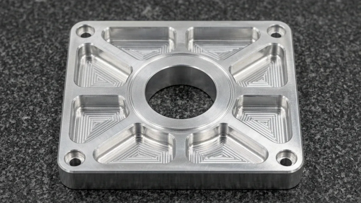 Monolithic CNC-milled 7075-T651 wrought billet aluminum structural actuator frame with deep pocketed stiffening ribs resting flat on granite