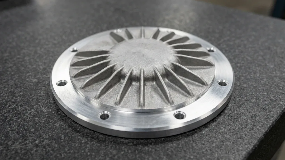 Post-machined A356-T6 cast aluminum hydraulic pump cover showing as-cast cooling fins and face-milled sealing flange
