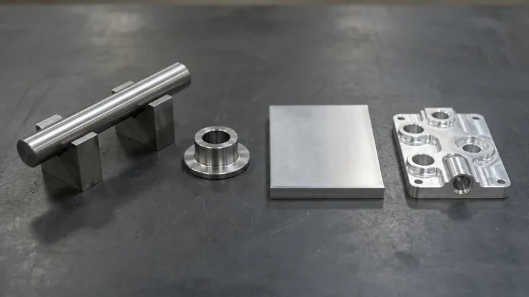 Precision ground 6061-T651 aluminum plate stock blanks and cold-finished stainless steel round bar stock arranged on a workbench beside finished CNC parts